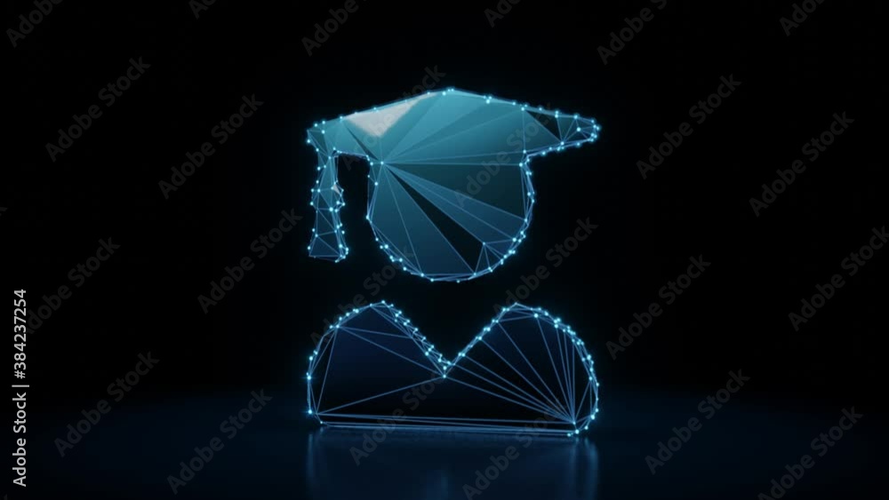 Poster 3d rendering 4k fly through wireframe neon glowing symbol of person with graduate hat with bright do