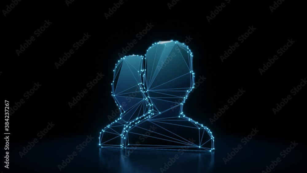 Poster 3d rendering 4k fly through wireframe neon glowing symbol of two users male in front of male with br