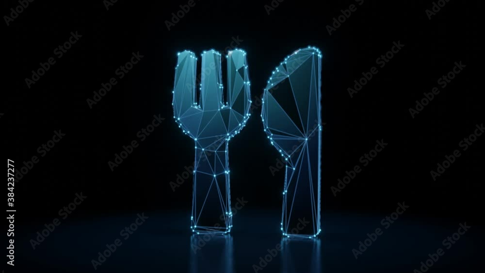 Poster 3d rendering 4k fly through wireframe neon glowing symbol of fork and knife with bright dots on dark