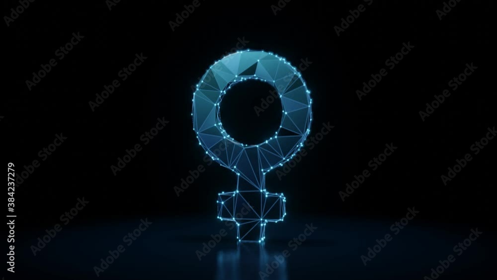 Poster 3d rendering 4k fly through wireframe neon glowing symbol of woman sign with bright dots on dark bac