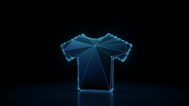 3d rendering 4k fly through wireframe neon glowing symbol of t-shirt with bright dots on dark background with blured reflection on floor