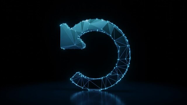 3d rendering 4k fly through wireframe neon glowing symbol of undo arrow with bright dots on dark background with blured reflection on floor