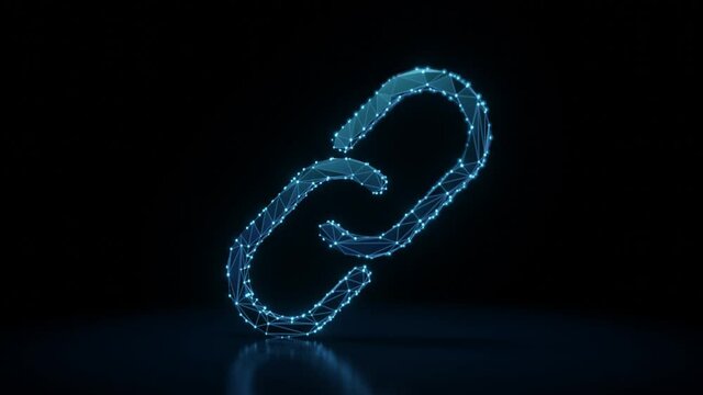 3d rendering 4k fly through wireframe neon glowing symbol of two thin chain links with bright dots on dark background with blured reflection on floor
