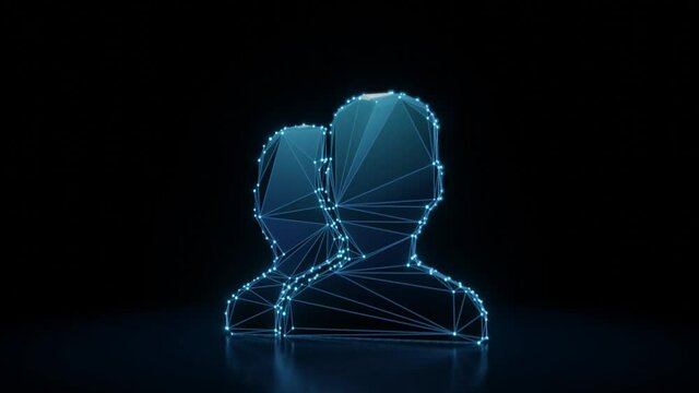 3d rendering 4k fly through wireframe neon glowing symbol of two users male in front of male with bright dots on dark background with blured reflection on floor