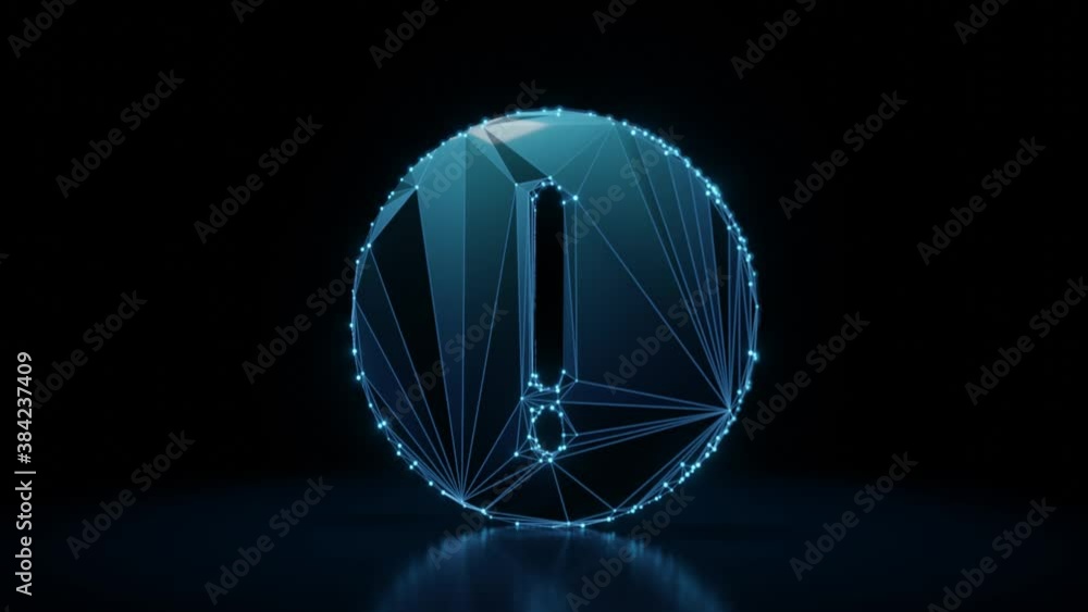 Poster 3d rendering 4k fly through wireframe neon glowing symbol of exclamation sign in circle with bright 