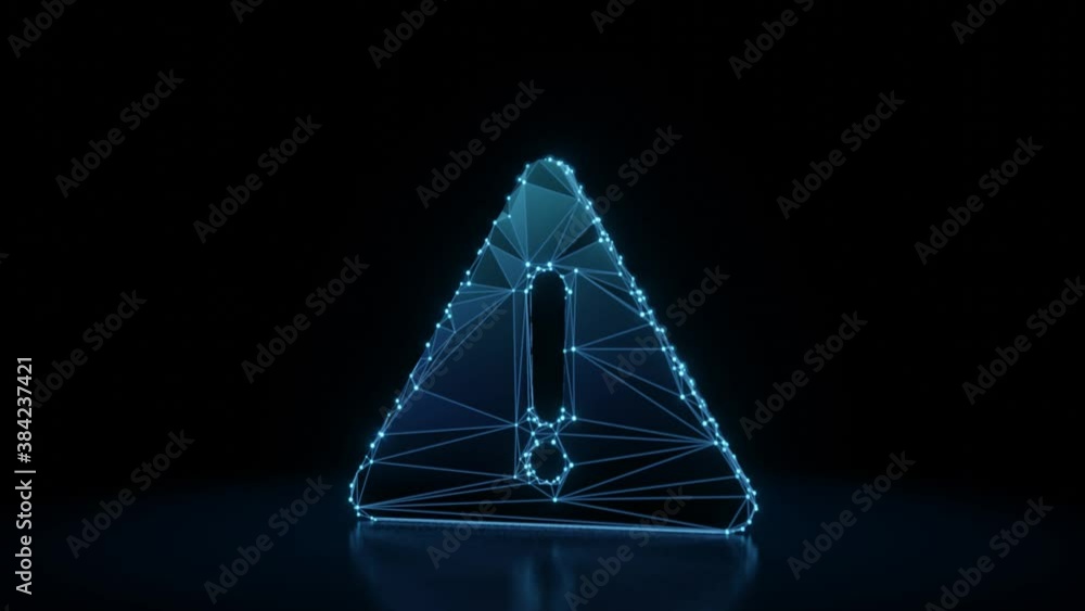 Poster 3d rendering 4k fly through wireframe neon glowing symbol of exclamation sign in triangle with brigh