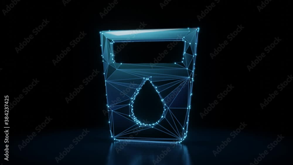 Poster 3d rendering 4k fly through wireframe neon glowing symbol of glass with water and drop with bright d