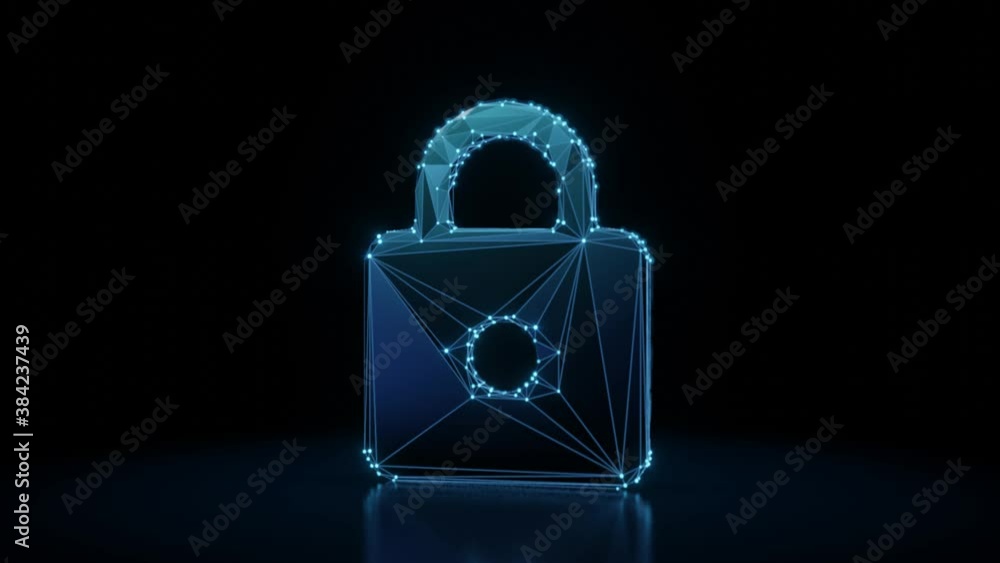 Poster 3d rendering 4k fly through wireframe neon glowing symbol of padlock with bright dots on dark backgr