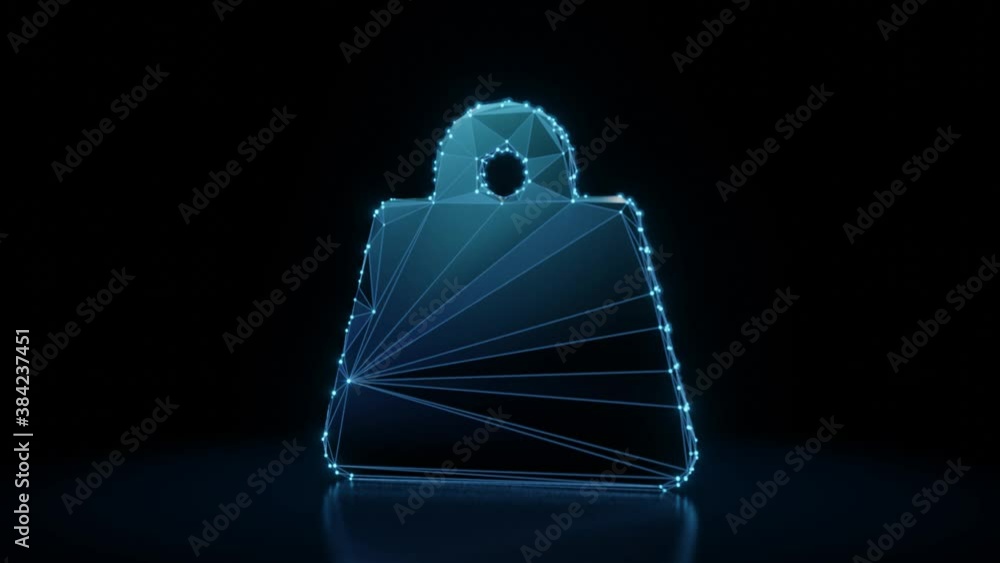 Poster 3d rendering 4k fly through wireframe neon glowing symbol of weight with handle with bright dots on 