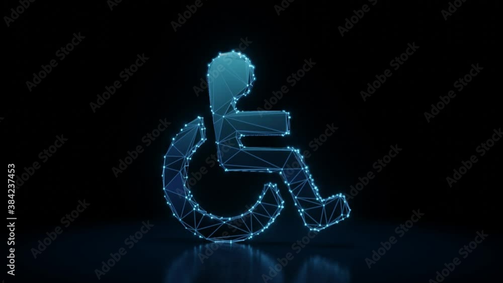 Poster 3d rendering 4k fly through wireframe neon glowing symbol of wheelchair with bright dots on dark bac