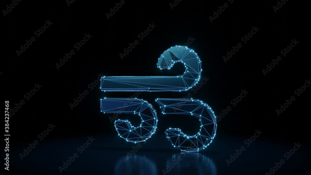 Poster 3d rendering 4k fly through wireframe neon glowing symbol of three wind lines with bright dots on da