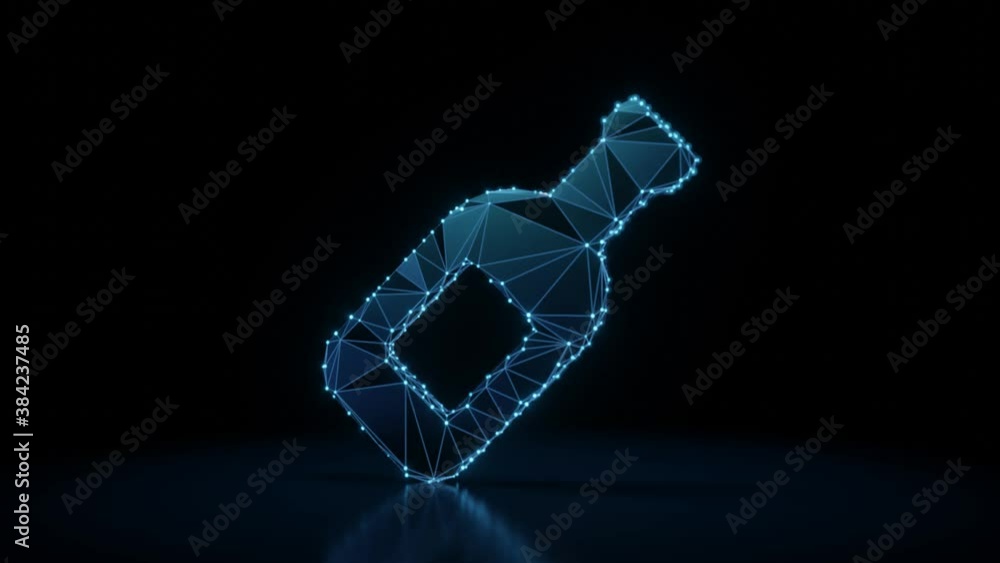 Poster 3d rendering 4k fly through wireframe neon glowing symbol of wine bottle with bright dots on dark ba