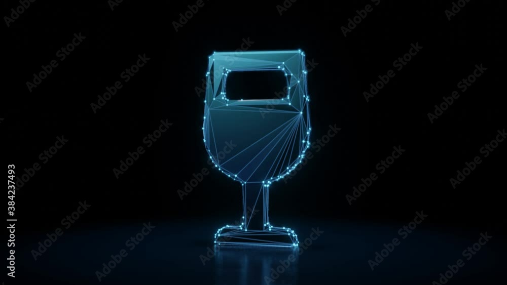 Poster 3d rendering 4k fly through wireframe neon glowing symbol of wine glass with bright dots on dark bac