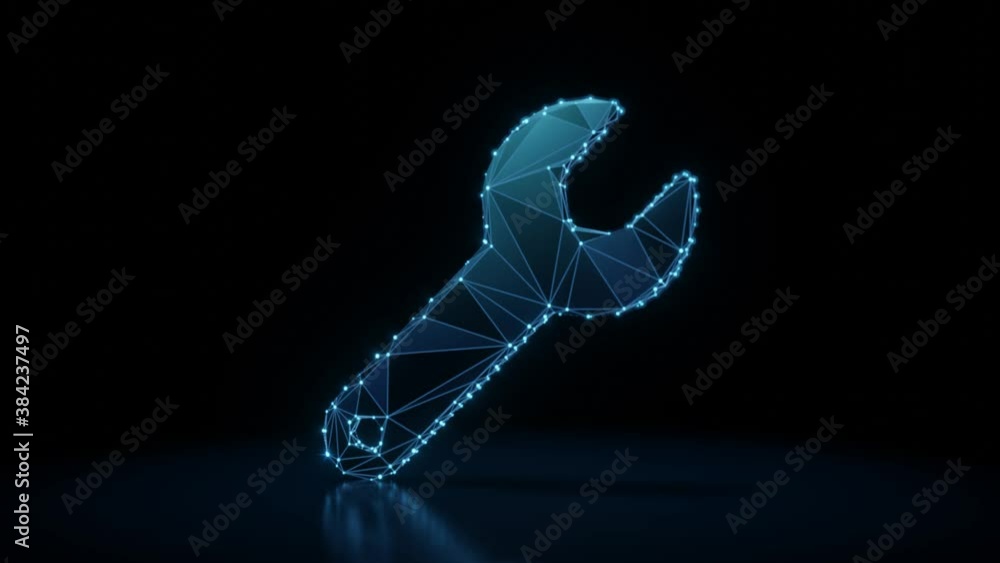 Aufkleber 3d rendering 4k fly through wireframe neon glowing symbol of wrench with small hole with bright dots