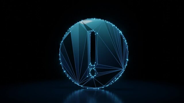 3d rendering 4k fly through wireframe neon glowing symbol of exclamation sign in circle with bright dots on dark background with blured reflection on floor