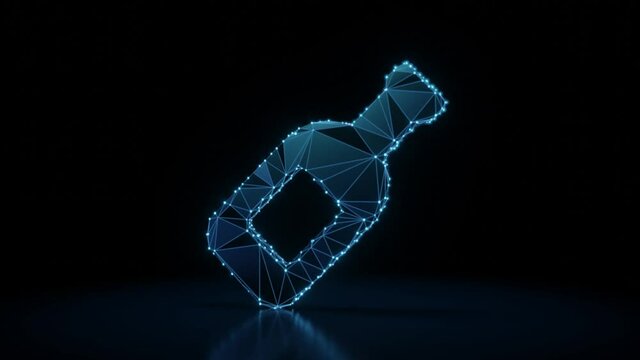 3d rendering 4k fly through wireframe neon glowing symbol of wine bottle with bright dots on dark background with blured reflection on floor