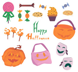 set of doodles isolates for halloween: pumpkins, candies and sweets, lettering, magic items, candy collection bags, theater masks. halloween celebration. vector. icons. stickers