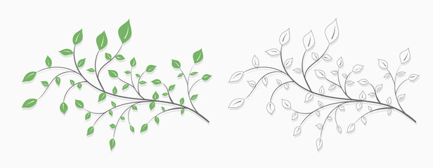 Tree branch with green leaves in a light style on a white background in two versions