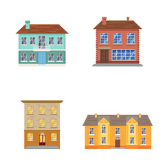 Cartoon buildings set. House exteriors. Different colors and styles. Front facades view. Vector illustrations collection isolated on white background.