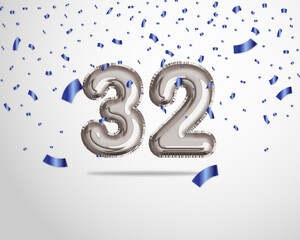 Happy 32th birthday with realistic foil balloons text on silver background and blue confetti. Set for Birthday, Anniversary, Celebration Party. Vector stock.