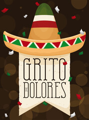 Mexican Hat over Pennant and Confetti Shower Celebrating Independence Day, Vector Illustration