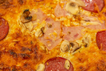 Textured surface of cheese pizza with spices. Homemade fresh baking recipe