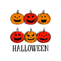 Hand-drawn in vector orange colored pumpkins of several types for use in the design of the holiday Halloween