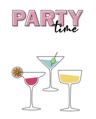 It's party time poster illustration, cocktail glasses vectors