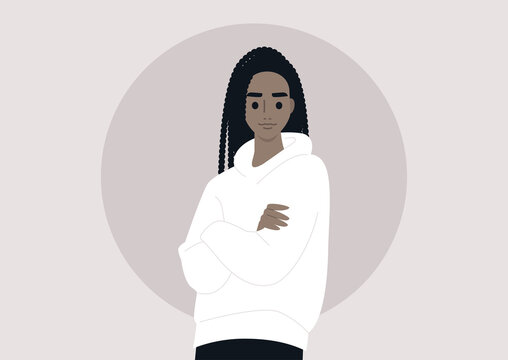 A Portrait Of A Young Black Female Character Wearing A Blank Hoodie, Streetwear Fashion