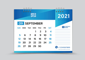 September month template, Desk Calendar 2021 Creative design can be place photo and logo, Week starts on Sunday, vector for calendar 2021 template, Blue gradient background