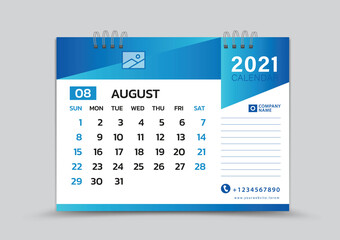 August month template, Desk Calendar 2021 Creative design can be place photo and logo, Week starts on Sunday, vector for calendar 2021 template, Blue gradient background