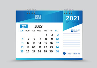 July month template, Desk Calendar 2021 Creative design can be place photo and logo, Week starts on Sunday, vector for calendar 2021 template, Blue gradient background
