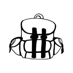 Hand drawn vector camping backpack clip art. Isolated on white background drawing for prints, poster, cute stationery, travel design. High quality illustrations
