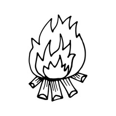 Hand drawn vector campfire clip art. Isolated on white background drawing for prints, poster, cute stationery, travel design. High quality illustration