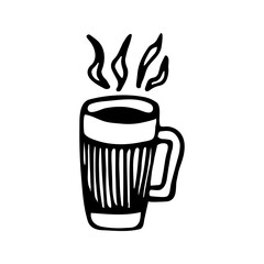 Single hand drawn cup of coffee, chocolate, cocoa, americano or cappuccino. Doodle vector illustration.