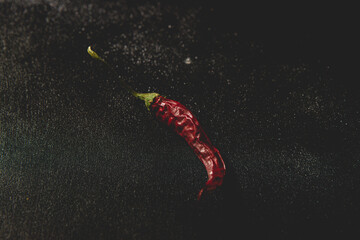 Dried red hot chili pepper isolated on the dark background. Top view, flat lay.