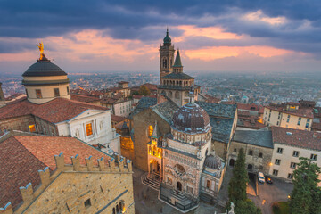 Fototapeta na wymiar Bergamo Alta old town at sunset, S.Maria Maggiore Piazza Vecchia, Lombardy Italy
