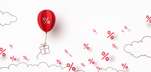 Special offer red balloon and gift box flying on sky background. Promo banner with percent off baloon discount sale. Vector pattern for weekend promotion, best price or Black Friday design