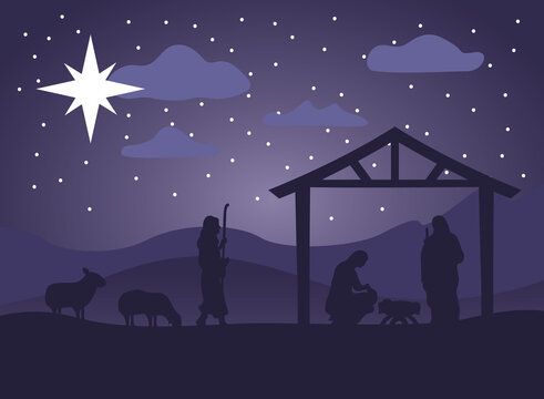 happy merry christmas manger scene with holy family in stable and animals night