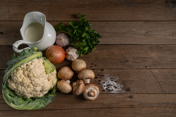 A set of products for the preparation of fried champignons with creamy cauliflower puree
