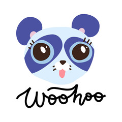 Cute blue panda with big eyes on white backdrop. Hand drawn decorative vector lettering - Woohoo. Kids print for posters, postcards, t-shirt design.