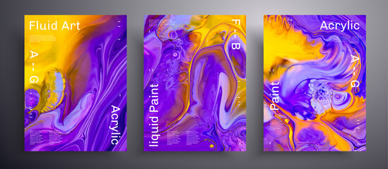 Abstract acrylic banner, fluid art vector texture pack. Beautiful background that applicable for design cover, poster, brochure and etc. Blue, yellow and purple unusual creative surface template