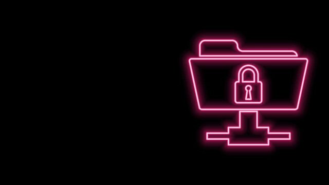 Glowing neon line FTP folder and lock icon isolated on black background. Concept of software update, ftp transfer protocol. Security, safety, protection concept. 4K Video motion graphic animation