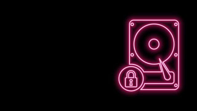 Glowing neon line Hard disk drive and lock icon isolated on black background. HHD and padlock. Security, safety, protection concept. 4K Video motion graphic animation