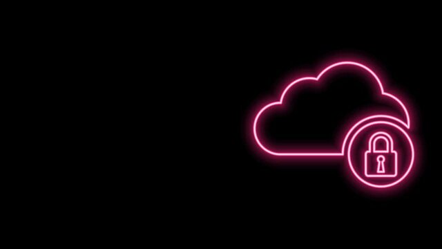 Glowing neon line Cloud computing lock icon isolated on black background. Security, safety, protection concept. 4K Video motion graphic animation