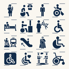 Simple set of wheelchair related filled icons.