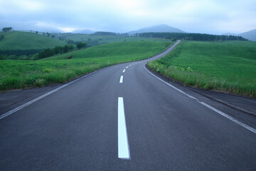 青い夕暮れの一本道