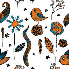 Decorative birds and flowers seamless pattern. Vector illustration