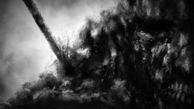 Frozen dead man with an arrow sticking out of shoulder 2d animation. Motion graphics with drawn creepy character. Black and white abstract background. Animated 4K video clip nightmare for Halloween.