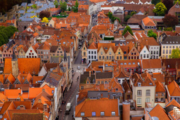 Bruges, Flanders, Belgium, Europe - October 1, 2019. Autumn scenery of  medieval world heritage city, Bruges (Brugge) from the Belfry tower aerial view